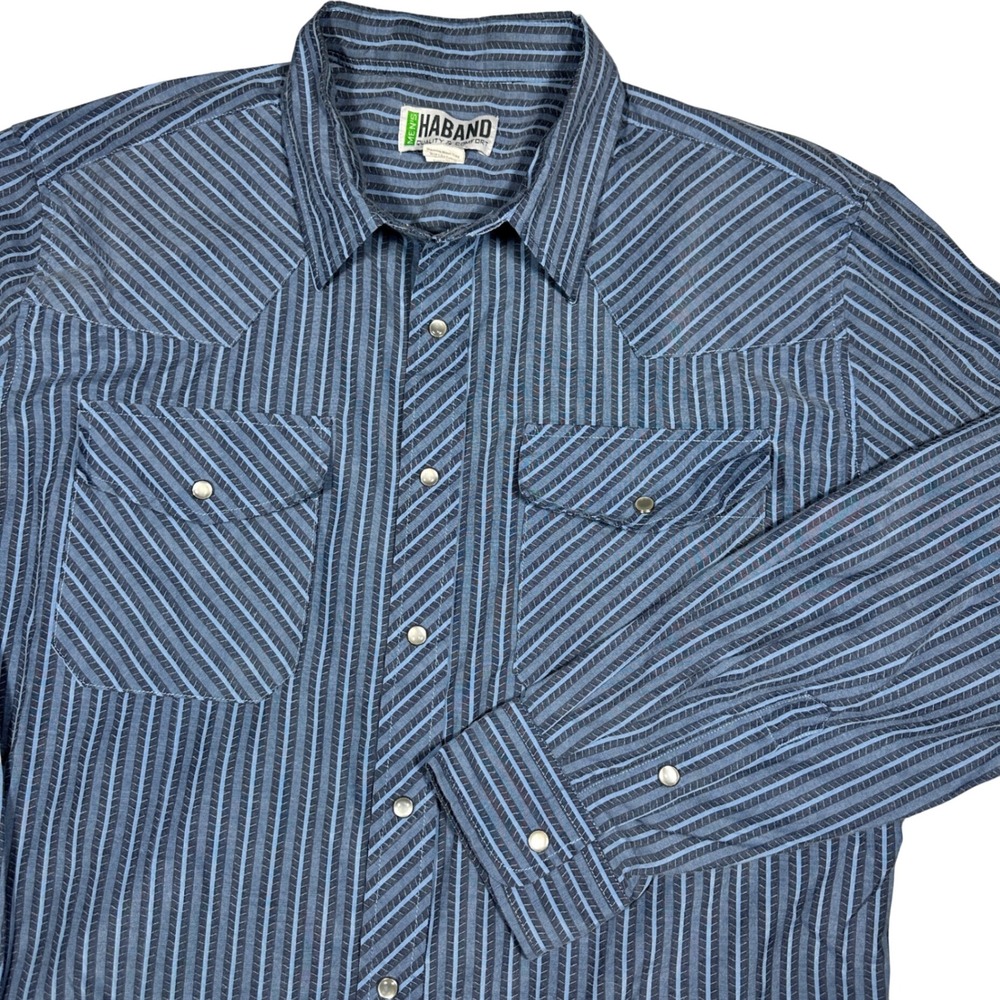 Haband Mens Blue Striped Western Pearl Snap Shirt Long Sleeve Large Style 15Y